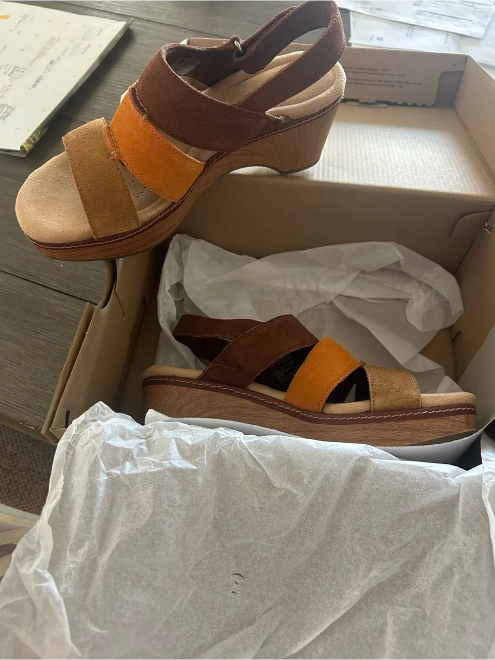Clarks Women's Brown and Mustard Multi-Strap Wedge Sandals
